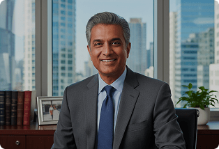 Smiling man in a suit in a city office